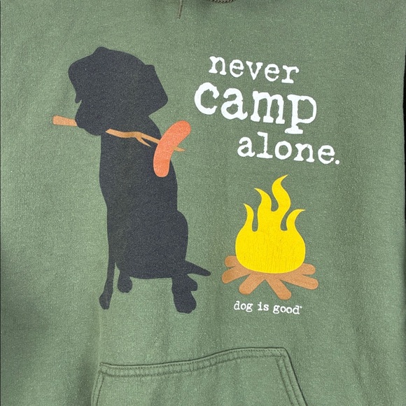 Dog is Good Hoodie Campfire Graphic Green Womens Medium Camping Never Camp Alone - Picture 2 of 7